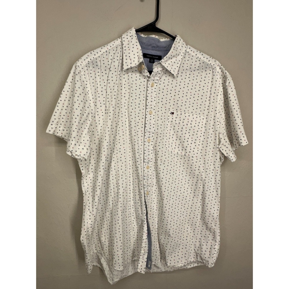 Tommy Hilfiger Shirt XL White American Stars Print Short Sleeve Collared Button